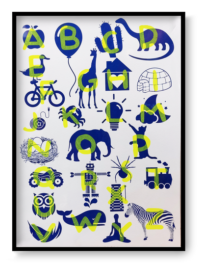 Playful and educational alphabet poster by De Zeverij featuring bold letters paired with charming red-blue or blue-yellow illustrations of animals, objects, and everyday items. Designed in a fun, screen-printed style perfect for children's rooms, classrooms, or creative spaces—an eye-catching blend of learning and modern design