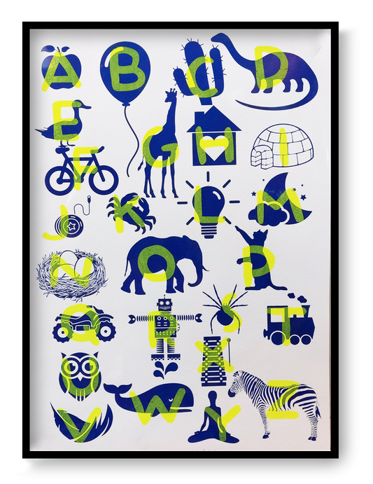 Playful and educational alphabet poster by De Zeverij featuring bold letters paired with charming red-blue or blue-yellow illustrations of animals, objects, and everyday items. Designed in a fun, screen-printed style perfect for children's rooms, classrooms, or creative spaces—an eye-catching blend of learning and modern design